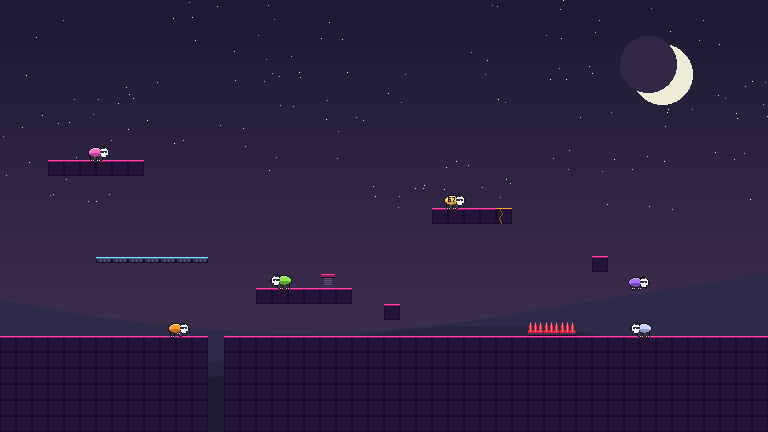 A night-time arena of stone blocks: badgers on a floating
                  platform and a spring ledge, one running at a one-block gap,
                  and a purple badger dropping onto a silver one below.